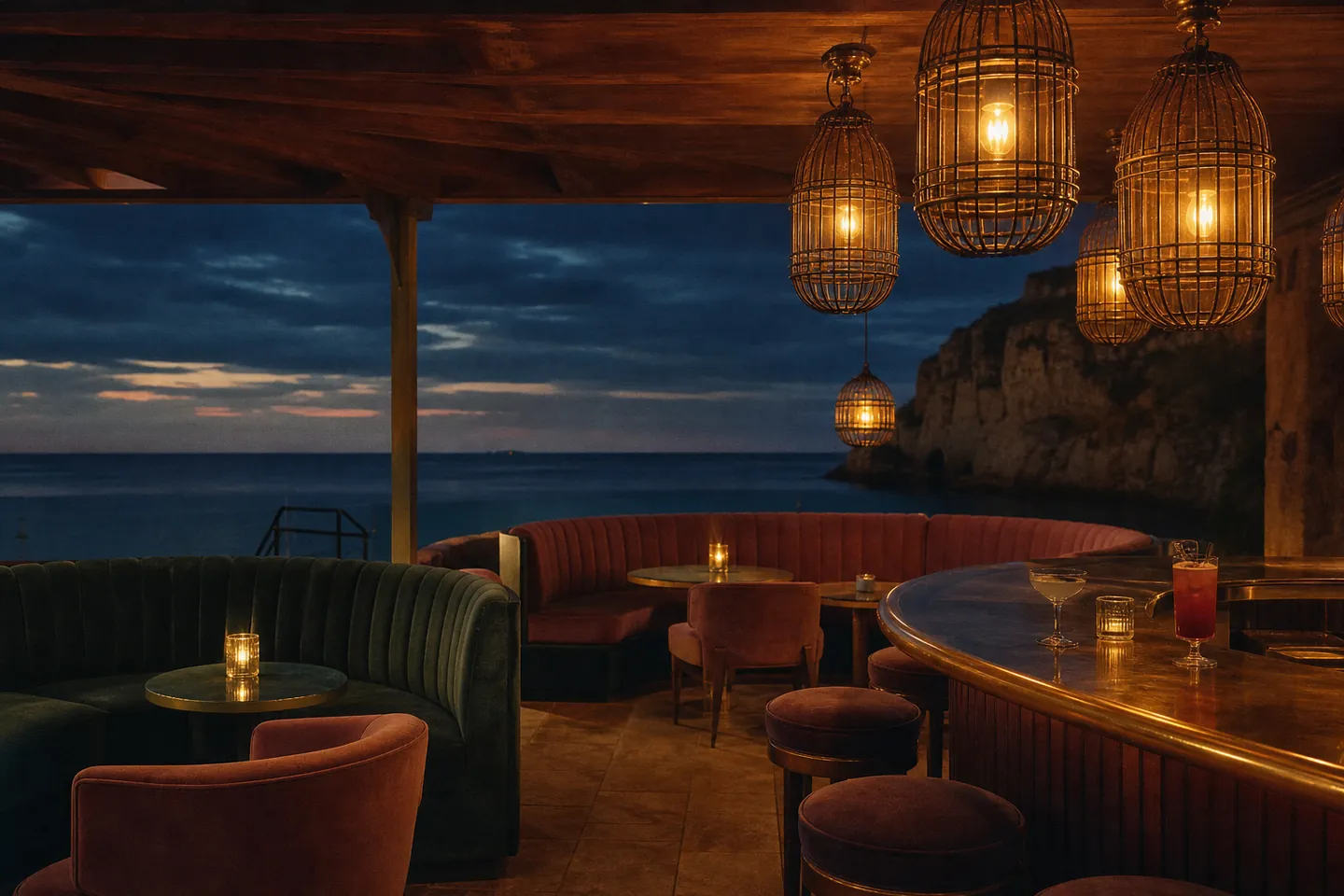 Illustration: a cocktail lounge with velvet banquettes and bird-cage lamps