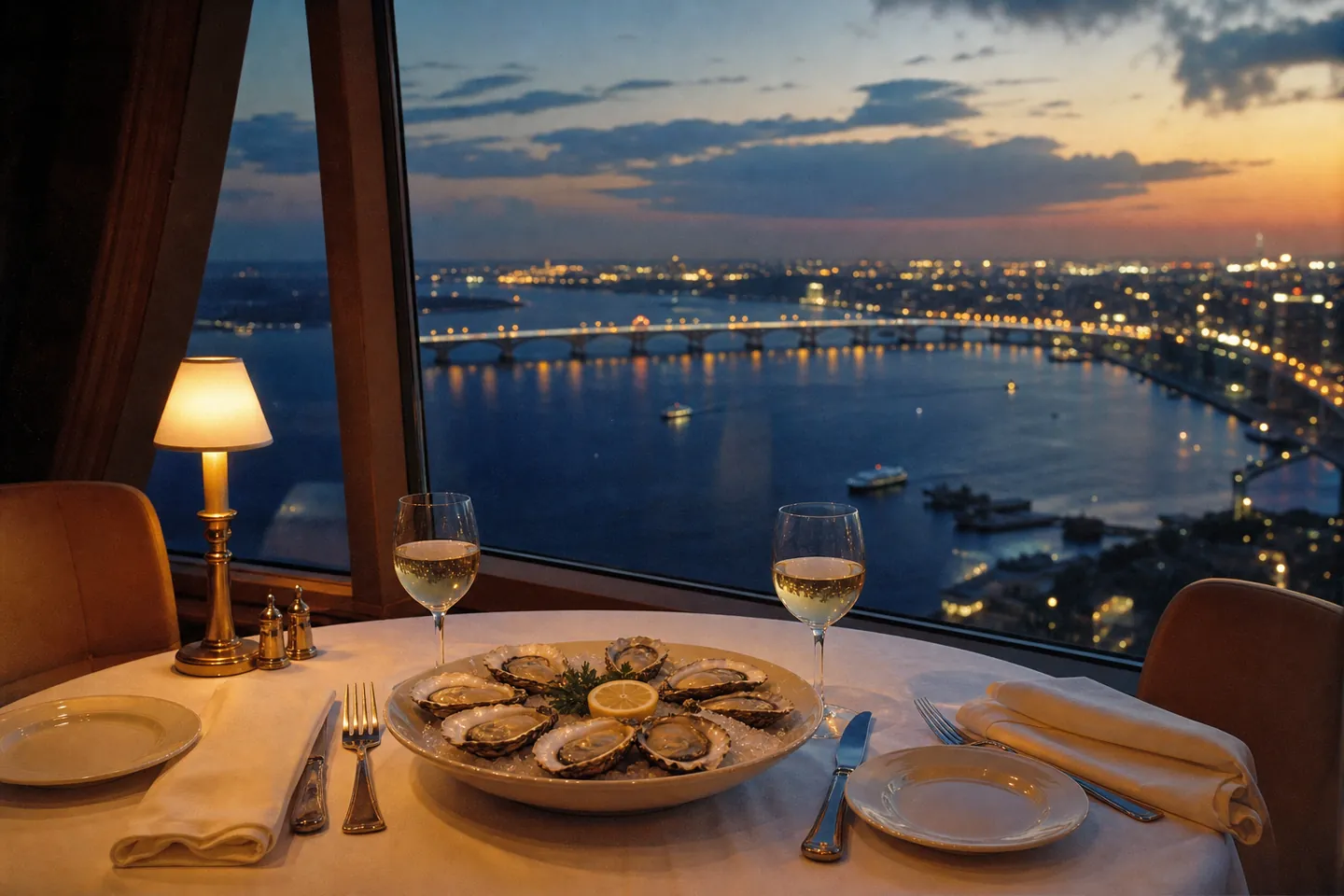 Illustration: a window table with oysters and white wine high above a harbour city at dusk