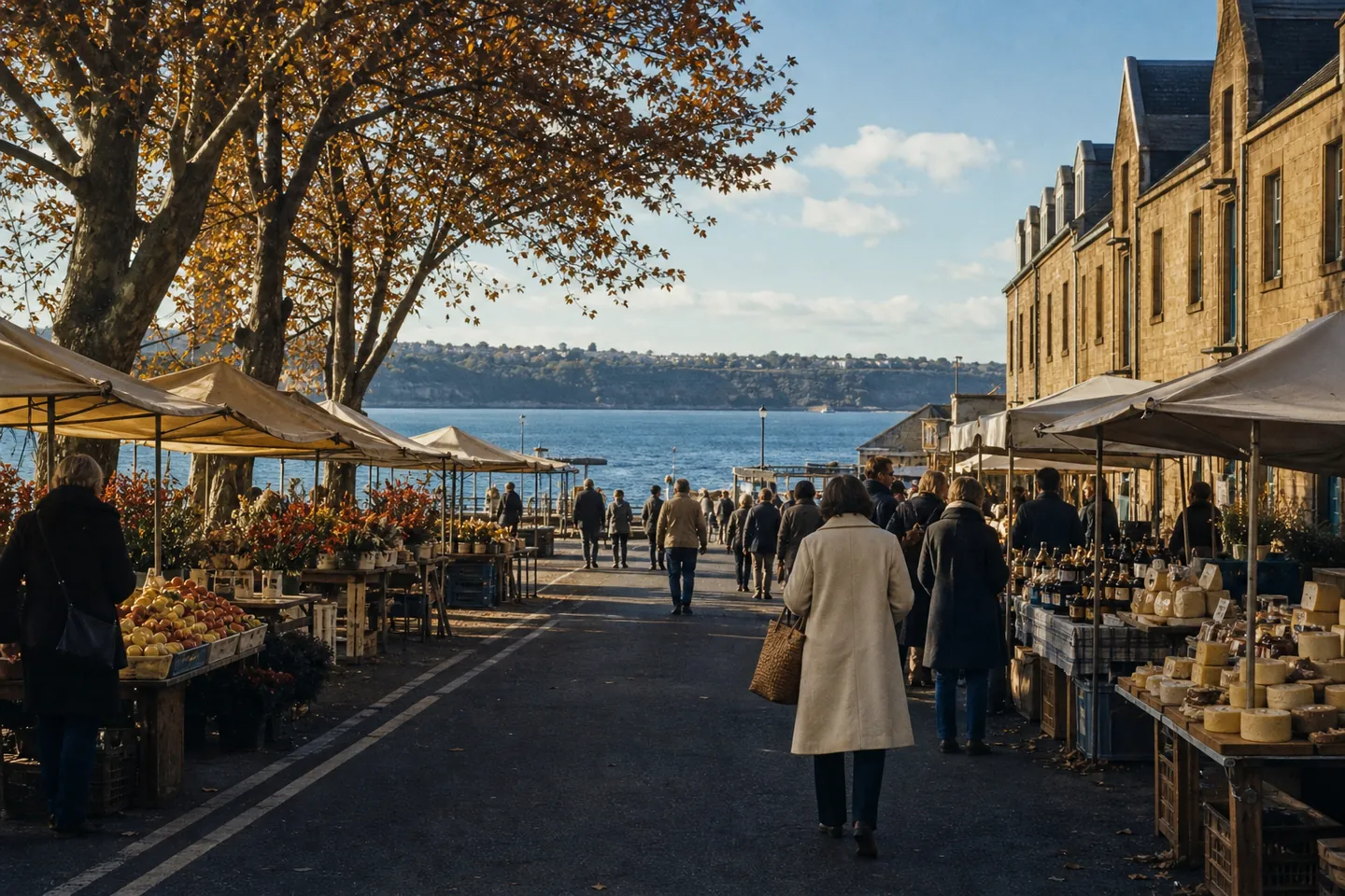 Illustration: a Saturday street market beside sandstone warehouses under autumn trees