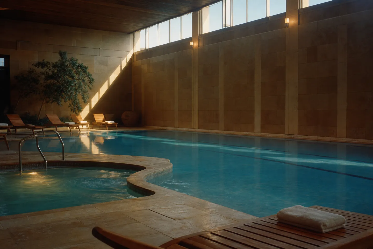 Illustration: an empty heated indoor pool with a small spa pool and loungers