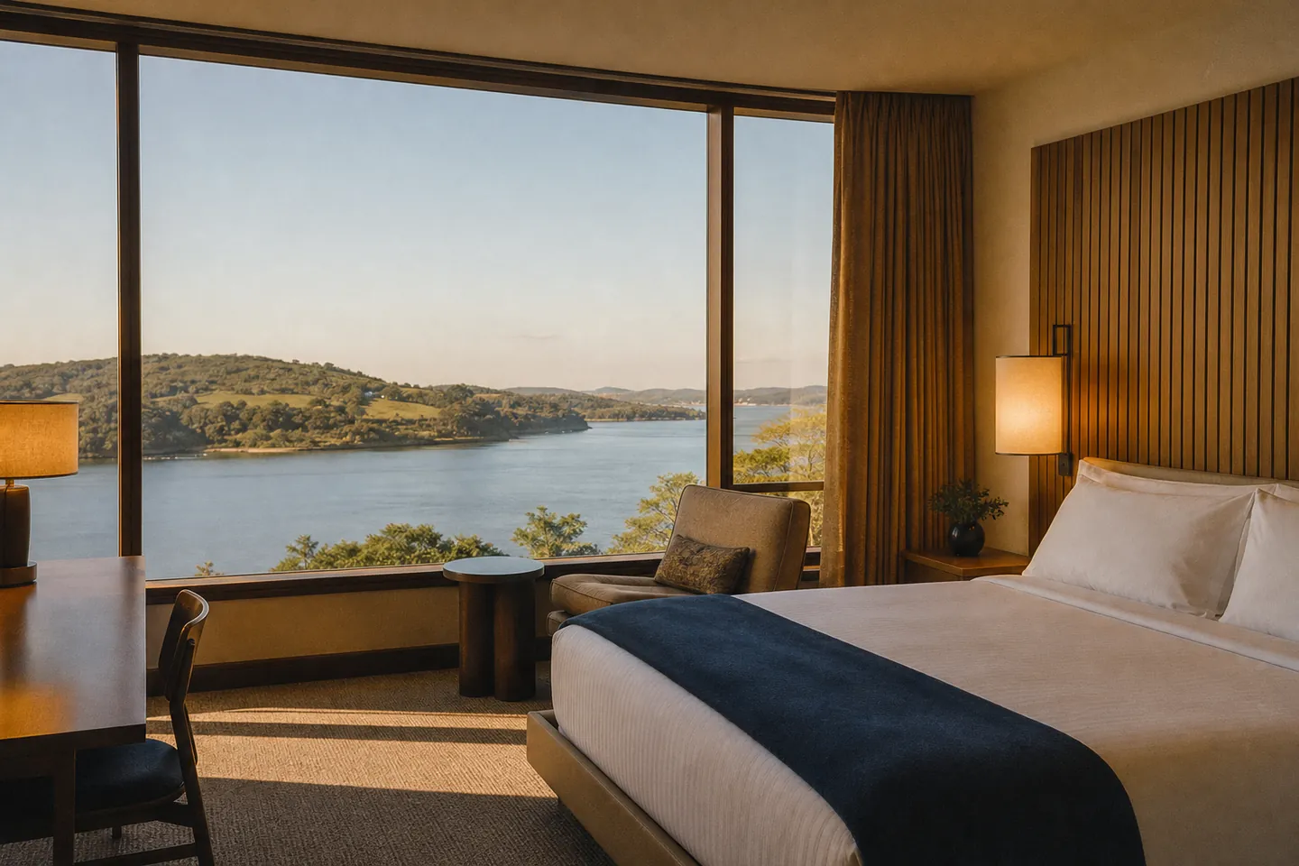 Illustration: a hotel bedroom with a king bed and a wide window over a river and hills